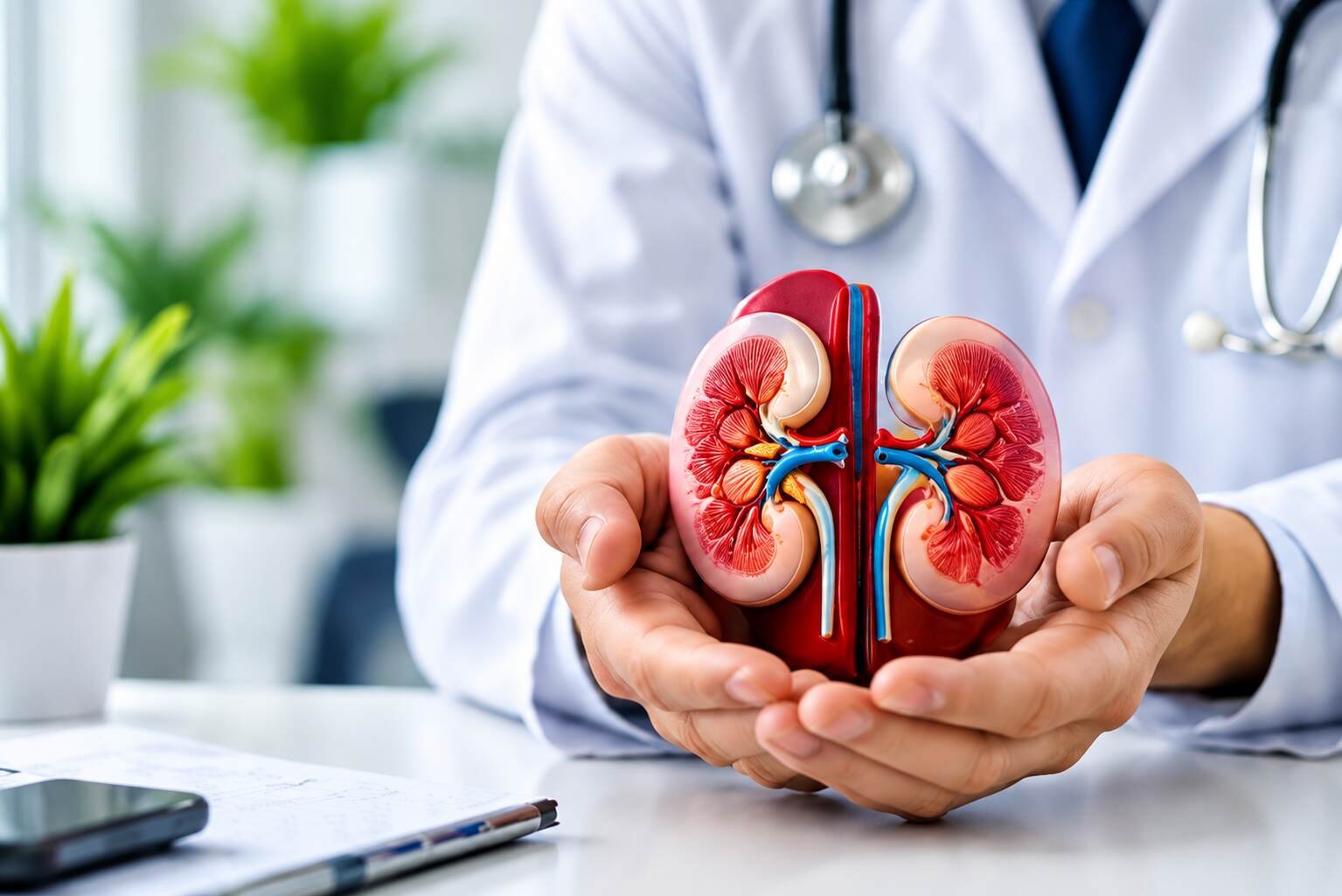 Healthcare professional holding a kidney model